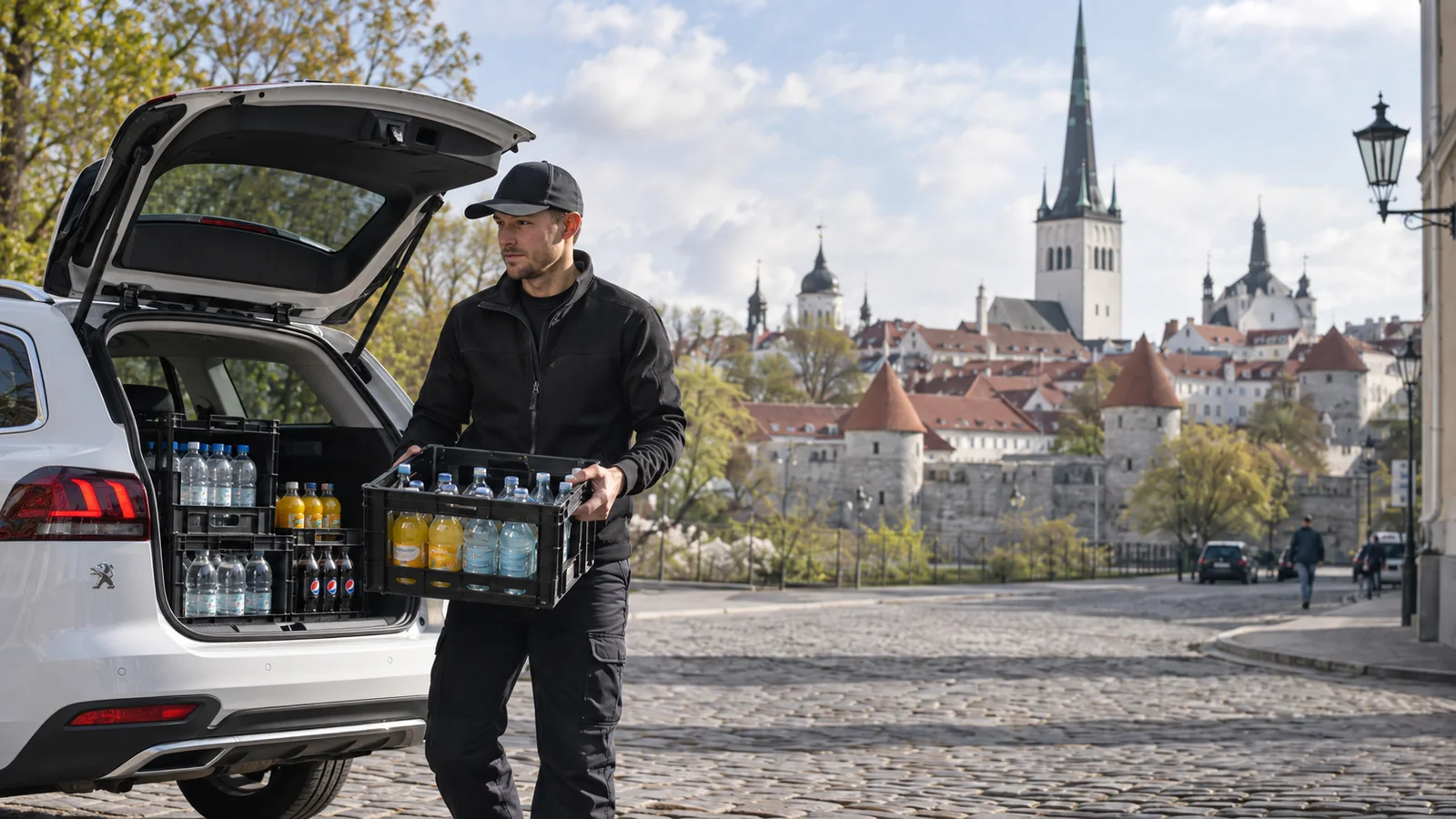 Kuller võtab valgest Peugeot universaalist joogid Tallinnas, taustal vanalinn